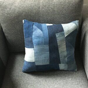 Upcycled Repurposed Denim Patchwork Crazy Quilt Square Accent Throw Pillow
